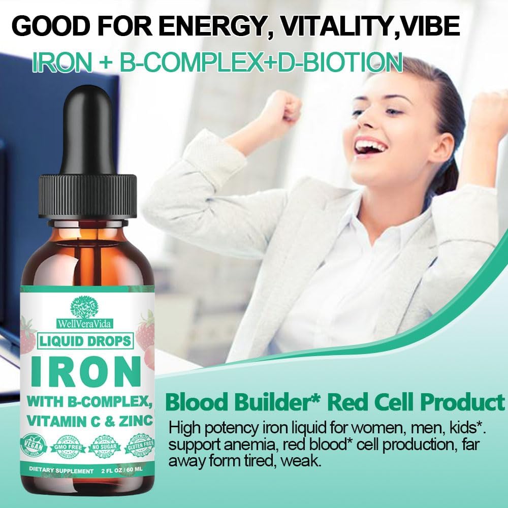 Vegan Iron Drops for Women, Men, Kids, High Potency Liquid Iron with Vitamin A C B-Complex, Chelated Iron with Multivitamin, Iron Supplement for Anemia & Fatigue, Energy, Red Blood Cell Support,