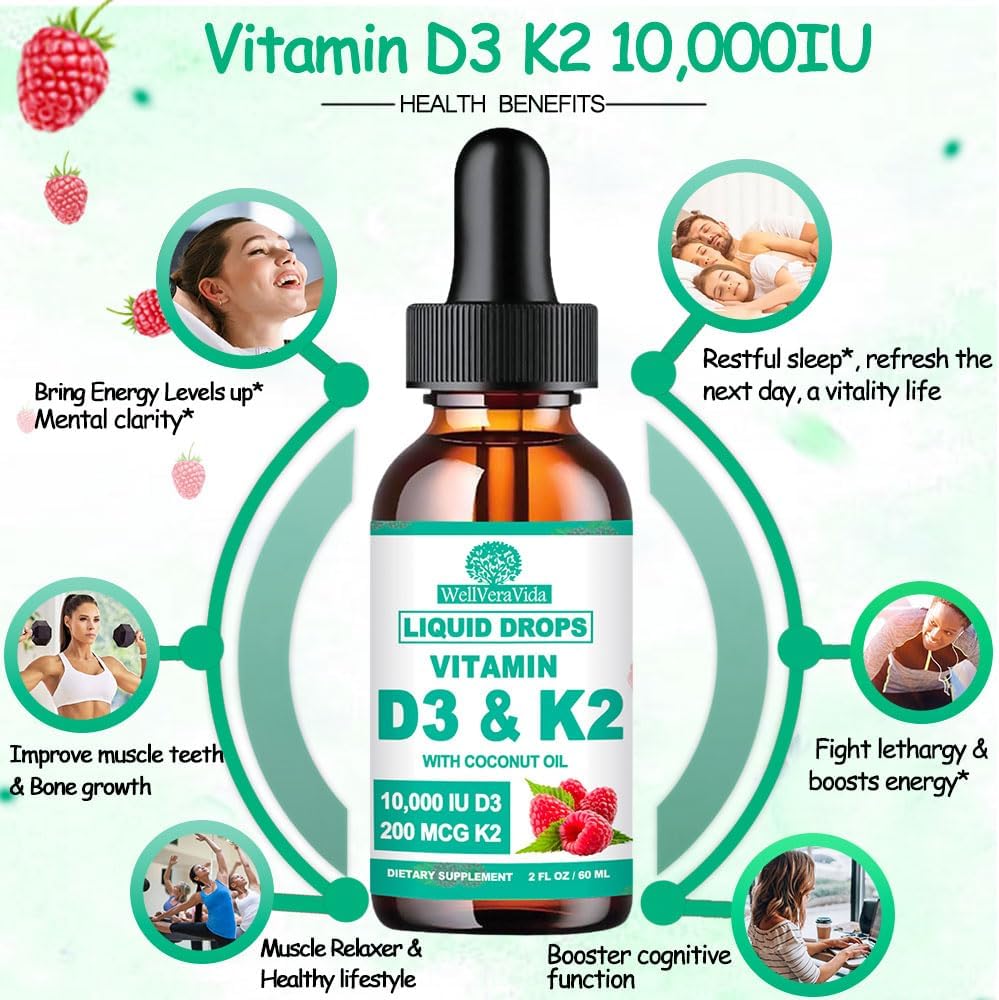 D3 K2 Vitamin 10000iu, Liquid Drop Vitamin D3 With K2 (MK-7)200mcg Coconut Oil, 6X Stronger Than D3 K2 Sofegels, Magnesium Zinc for Absorption -K2 D3 Vitamin Supplement for Joint Teeth & Bone Health