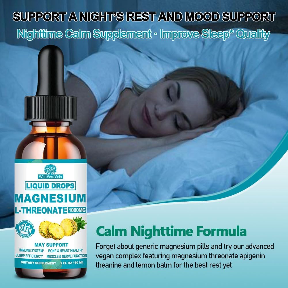 Magnesium L-Threonate Liquid, Triple Sleep Magnesium Threonate w. Apigenin, Theanine, Lemon Balm High Absorption Liquid Magnesium Threonate Supplement for Sleep Memory Calm Brain Nerve Muscle