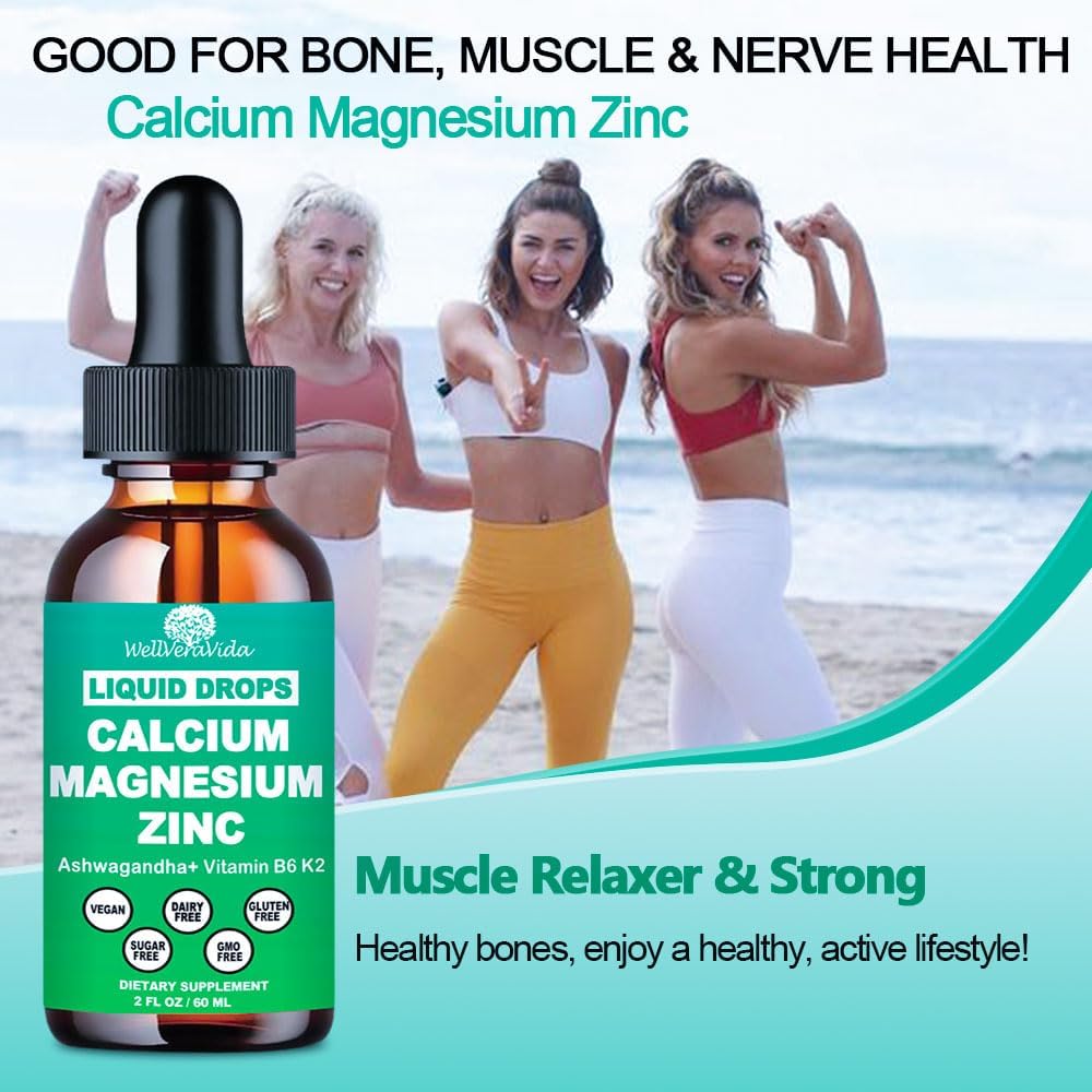 Calcium Magnesium Zinc Liquid Drops with Vitamin D3 K2, High Potency Calcium Magnesium Supplement w/Magnesium Complex, Zinc, Theanine丨Gluten Free丨 for Immune, Bone,Muscle, Mood & Sleep Support