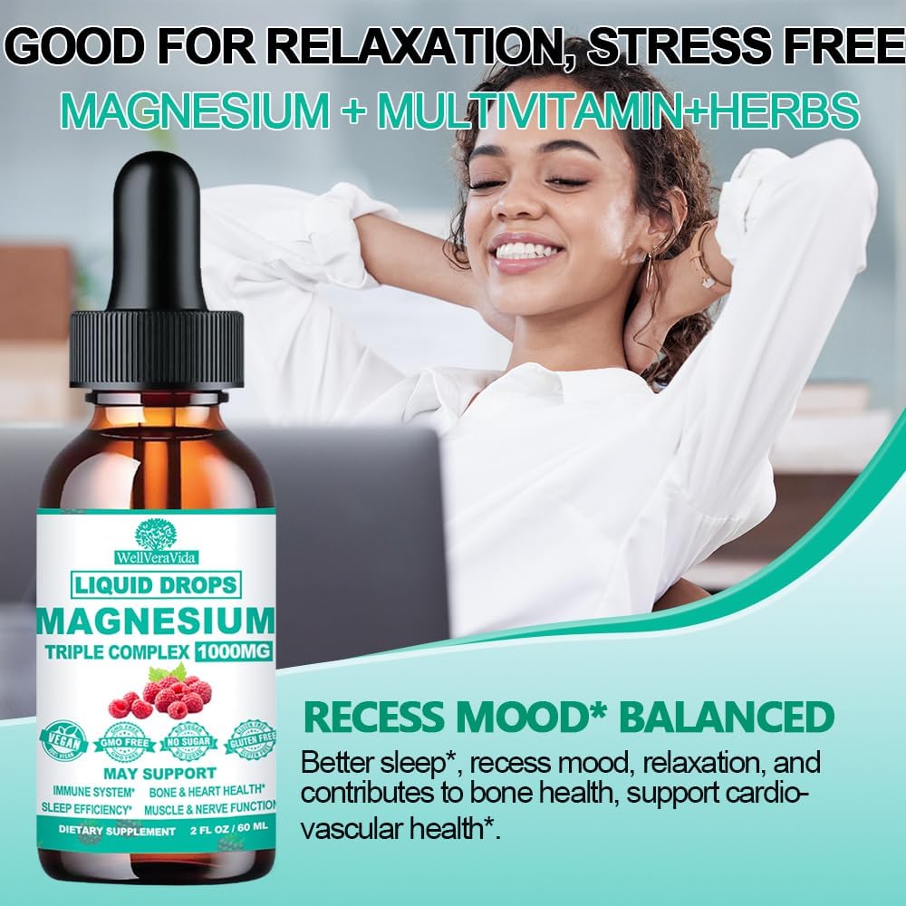 Triple Magnesium Complex Liquid Drops, Magnesium Glycinate 500mg with Vitamin D3 K2 B6 Zinc, Lemon Balm, Ashwagandha & L-Theanine, Calm Tri Magnesium for Relaxation Nerve Bowel Sleep Function