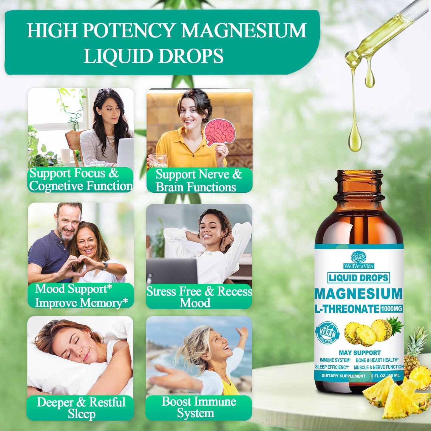 Magnesium L-Threonate Liquid, Triple Sleep Magnesium Threonate w. Apigenin, Theanine, Lemon Balm High Absorption Liquid Magnesium Threonate Supplement for Sleep Memory Calm Brain Nerve Muscle