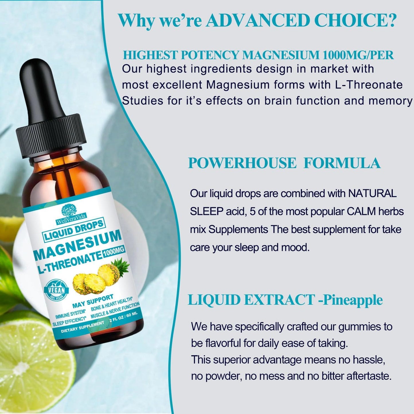 Magnesium L-Threonate Liquid, Triple Sleep Magnesium Threonate w. Apigenin, Theanine, Lemon Balm High Absorption Liquid Magnesium Threonate Supplement for Sleep Memory Calm Brain Nerve Muscle