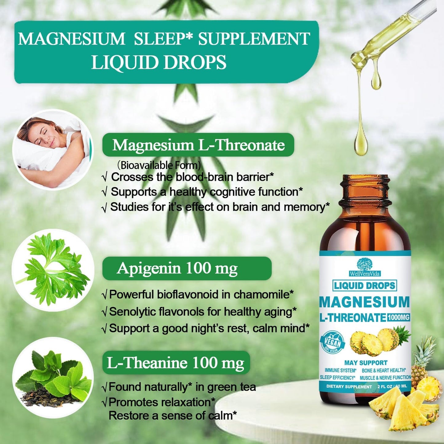 Magnesium L-Threonate Liquid, Triple Sleep Magnesium Threonate w. Apigenin, Theanine, Lemon Balm High Absorption Liquid Magnesium Threonate Supplement for Sleep Memory Calm Brain Nerve Muscle
