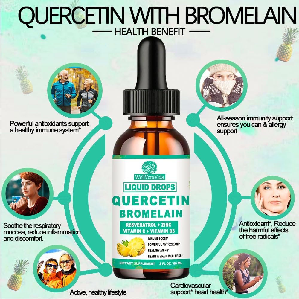 Quercetin with Bromelain Liquid Drops, 4X Stronger Than Capsules & Pills, 7-in-1 Organic Zinc Quercetin 1000mg with Bromelain 500mg Vitamin C D3 Immune Complex for Respiratory Health & Antioxidant