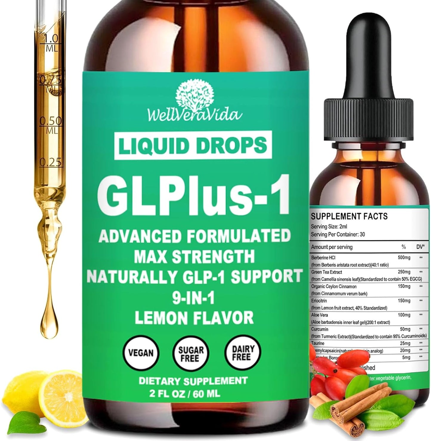 GLP-1 Supplement for Women & Men, 9-in-1 Naturally GLP-1 Support w. Berberine HCI Cyelon Cinnamon Green Tea Eriocitrin, GLP1 for Gut Digestion Metabolic, GLP-1 Drops 6X Stronger Than Capsules