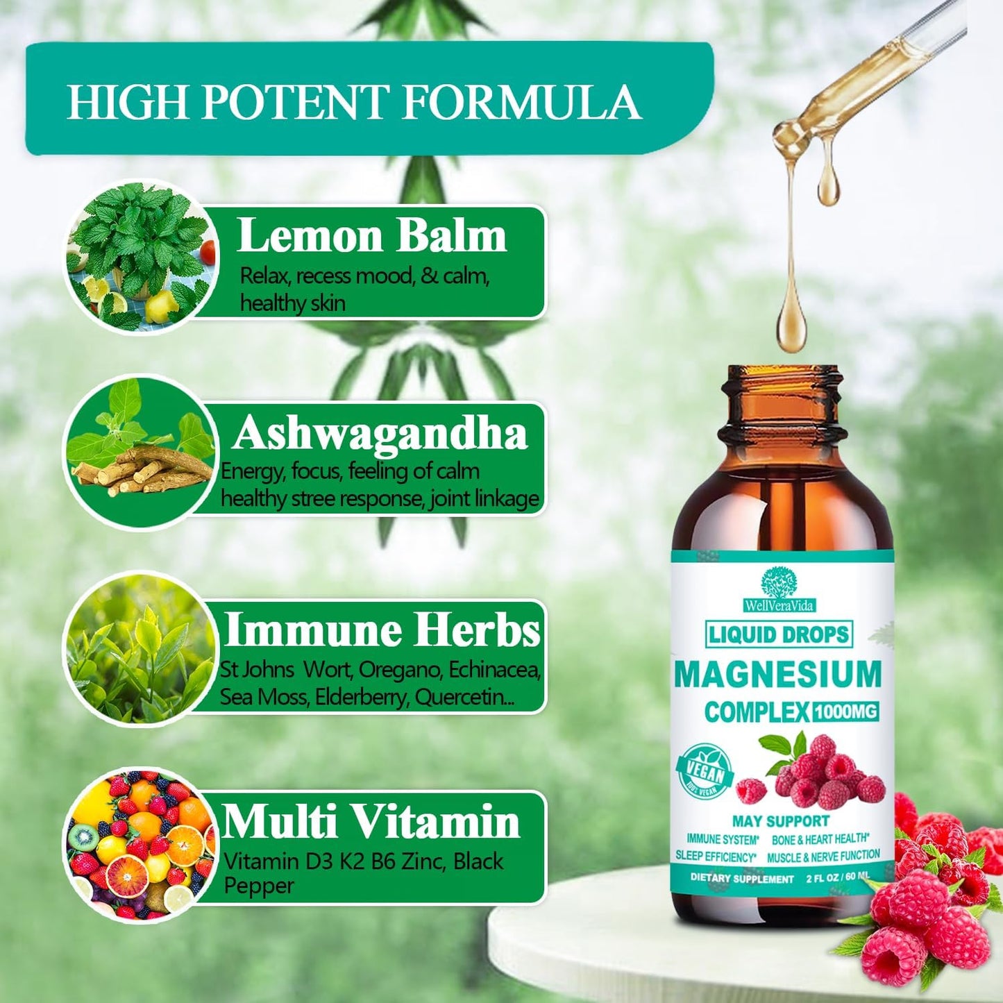 Organic Magnesium Liquid Drops, Calm Magnesium 5 Complex with Vitamin D3 K2 B6, St Johns Wort, Lemon Balm, Chelated Zinc Magnesium Glycinate 500mg Blend for Immune Heart Mood Nerve Sleep Function