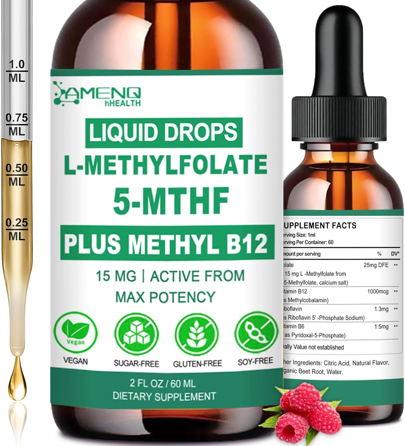 Methylfolate Supplement Liquid Drops, L Methyl Folate 15mg Plus Methyl B12, B6, B2 Multivitamin, Metabolically Active 5-MTHF Form for Mood Homocysteine Methylation Cognition Energy Nerve Health*