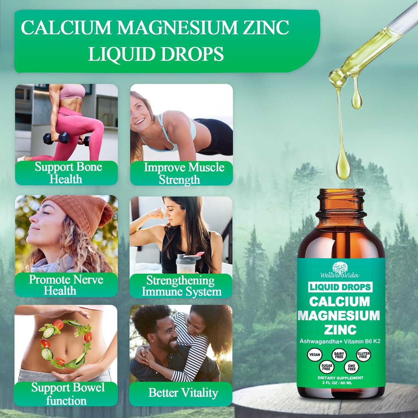Calcium Magnesium Zinc Liquid Drops with Vitamin D3 K2, High Potency Calcium Magnesium Supplement w/Magnesium Complex, Zinc, Theanine丨Gluten Free丨 for Immune, Bone,Muscle, Mood & Sleep Support