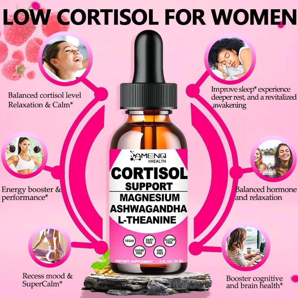 Cortisol Supplement Liquid Drops, 17-in-1 Cortisol Reducer w. Ksm-66 Ashwagandha Theanine Rhodiola Rosea Magnesium Phosphatidylserine, Hormone Balanced & Lower Cortisol for Women Calm* Relaxation
