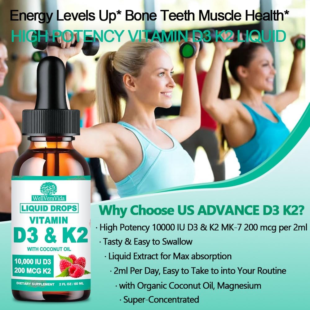 D3 K2 Vitamin 10000iu, Liquid Drop Vitamin D3 With K2 (MK-7)200mcg Coconut Oil, 6X Stronger Than D3 K2 Sofegels, Magnesium Zinc for Absorption -K2 D3 Vitamin Supplement for Joint Teeth & Bone Health