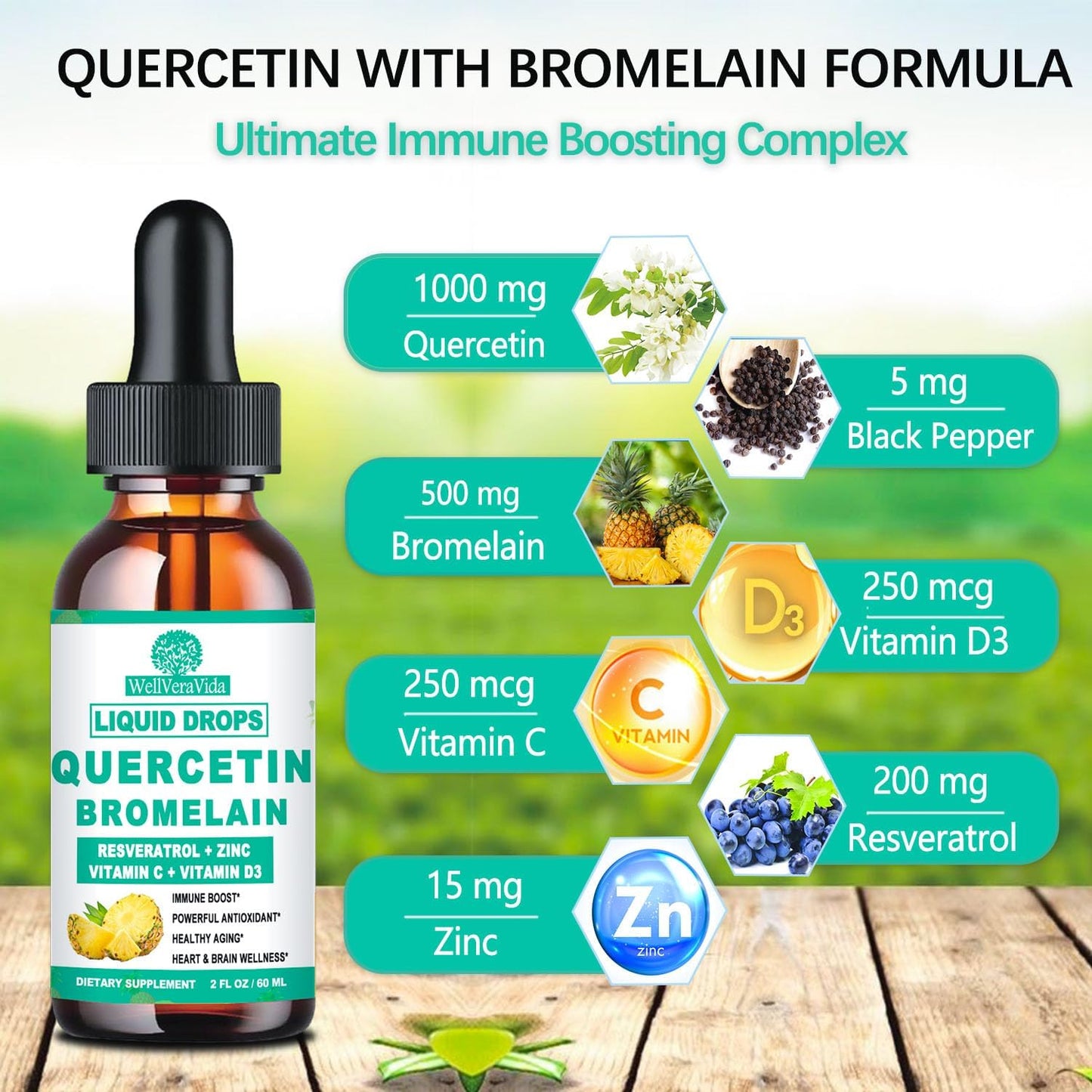 Quercetin with Bromelain Liquid Drops, 4X Stronger Than Capsules & Pills, 7-in-1 Organic Zinc Quercetin 1000mg with Bromelain 500mg Vitamin C D3 Immune Complex for Respiratory Health & Antioxidant