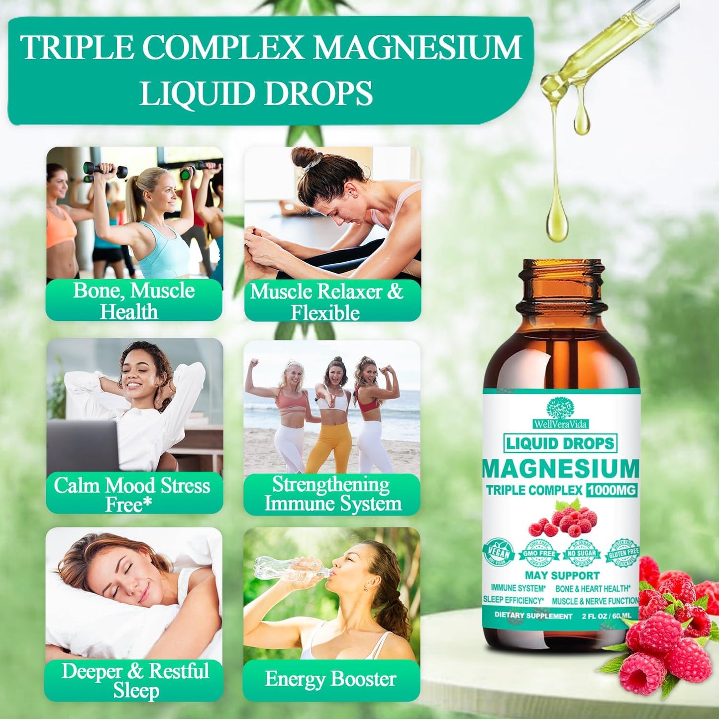 Triple Magnesium Complex Liquid Drops, Magnesium Glycinate 500mg with Vitamin D3 K2 B6 Zinc, Lemon Balm, Ashwagandha & L-Theanine, Calm Tri Magnesium for Relaxation Nerve Bowel Sleep Function