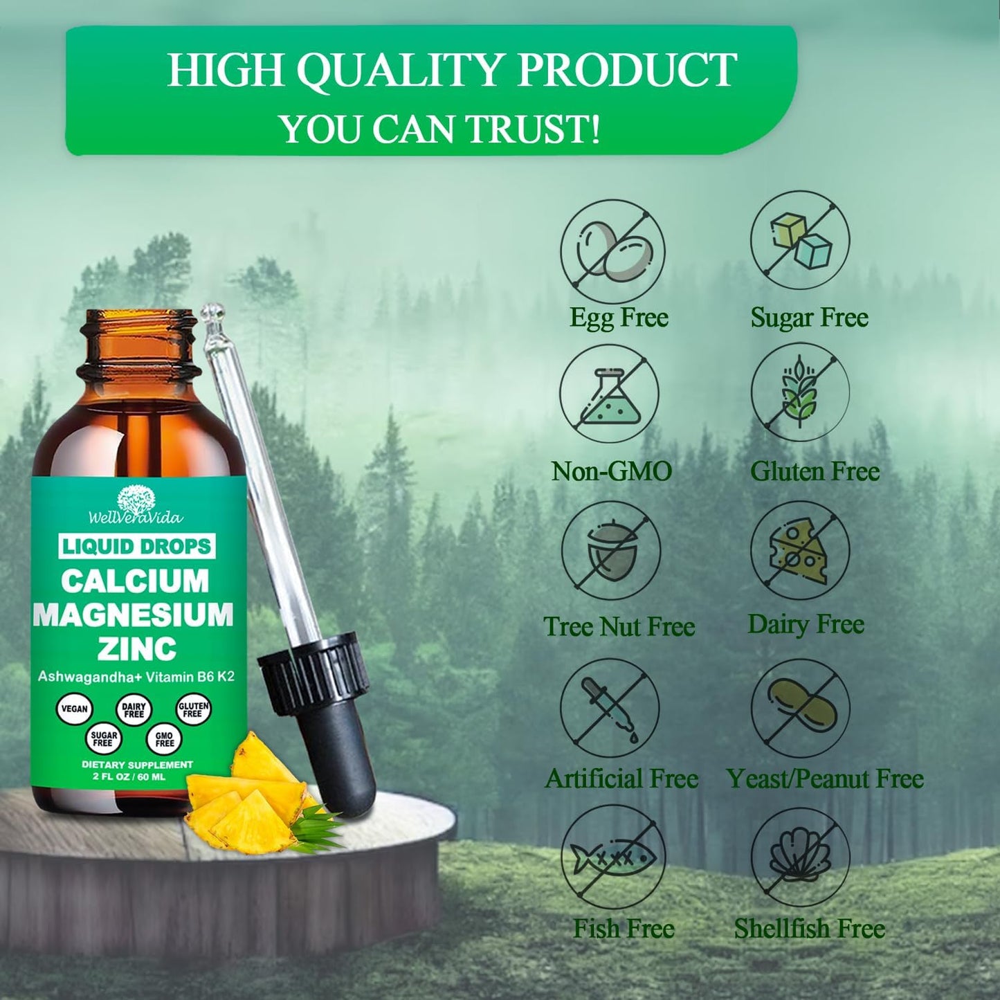 Calcium Magnesium Zinc Liquid Drops with Vitamin D3 K2, High Potency Calcium Magnesium Supplement w/Magnesium Complex, Zinc, Theanine丨Gluten Free丨 for Immune, Bone,Muscle, Mood & Sleep Support