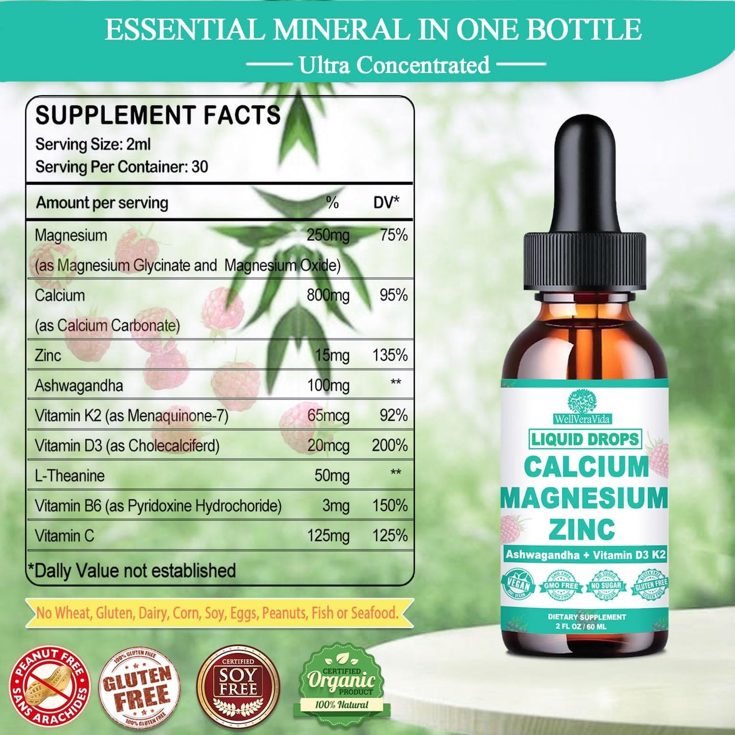 Calcium Magnesium Zinc D3 with Calm Magnesium Glycinate Plus Ashwagandha, L-Theanine, Liquid Calcium with Vitamin D3 and Magnesium Supplement for Immune, Bone, Muscle, Mood & Sleep Support