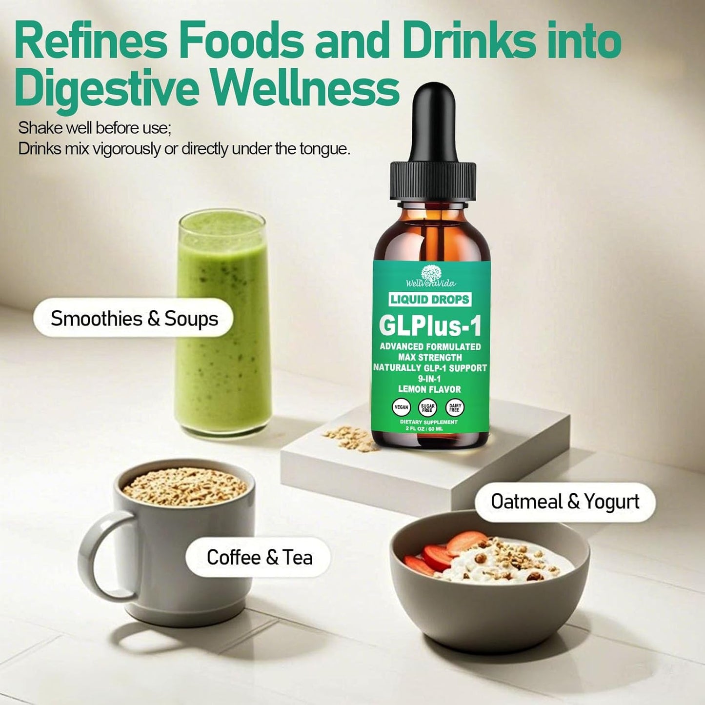 GLP-1 Supplement for Women & Men, 9-in-1 Naturally GLP-1 Support w. Berberine HCI Cyelon Cinnamon Green Tea Eriocitrin, GLP1 for Gut Digestion Metabolic, GLP-1 Drops 6X Stronger Than Capsules