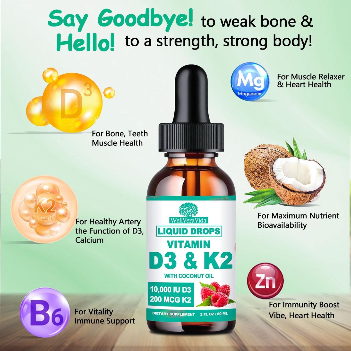 D3 K2 Vitamin 10000iu, Liquid Drop Vitamin D3 With K2 (MK-7)200mcg Coconut Oil, 6X Stronger Than D3 K2 Sofegels, Magnesium Zinc for Absorption -K2 D3 Vitamin Supplement for Joint Teeth & Bone Health