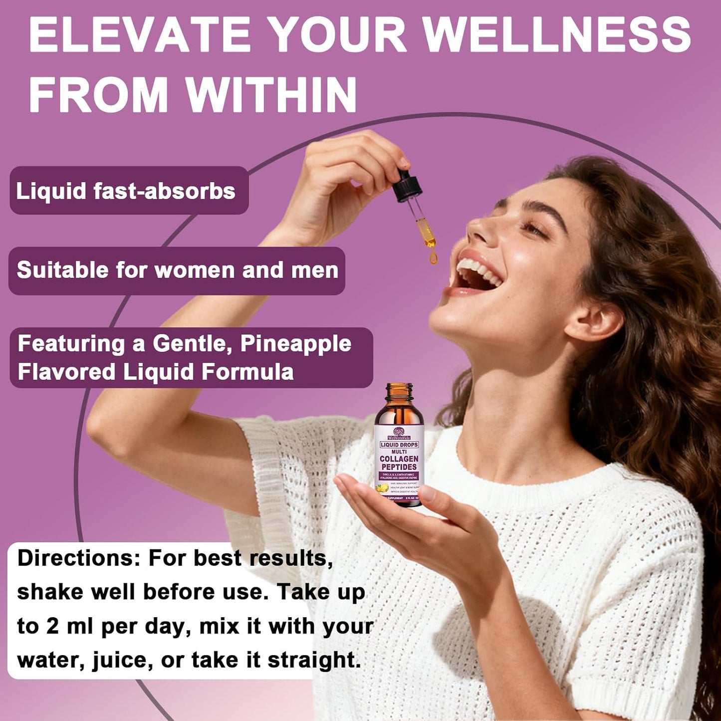 Multi Collagen Peptides Liquid Drops, 2oz – Types I, II, III, V, X, Hydrolyzed Collagen Complex for Hair, Skin, Nails, Bones & Joint Support | Collagen Supplement w. Hyaluronic Acid, Biotin, Vitamin C