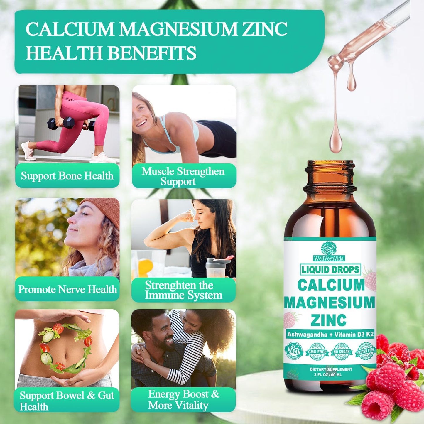 Calcium Magnesium Zinc D3 with Calm Magnesium Glycinate Plus Ashwagandha, L-Theanine, Liquid Calcium with Vitamin D3 and Magnesium Supplement for Immune, Bone, Muscle, Mood & Sleep Support