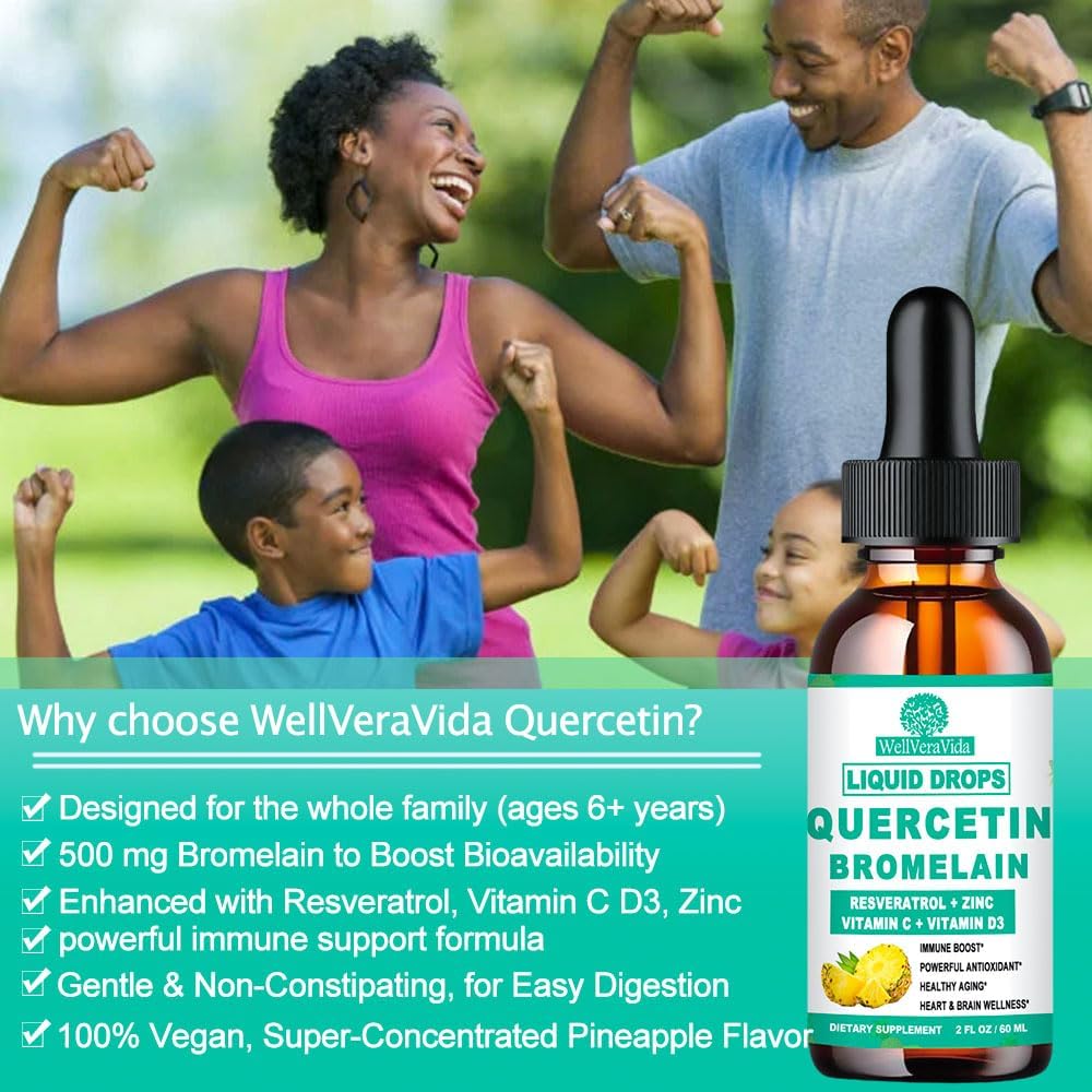 Quercetin with Bromelain Liquid Drops, 4X Stronger Than Capsules & Pills, 7-in-1 Organic Zinc Quercetin 1000mg with Bromelain 500mg Vitamin C D3 Immune Complex for Respiratory Health & Antioxidant