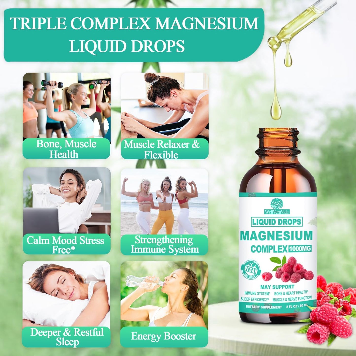 Organic Magnesium Liquid Drops, Calm Magnesium 5 Complex with Vitamin D3 K2 B6, St Johns Wort, Lemon Balm, Chelated Zinc Magnesium Glycinate 500mg Blend for Immune Heart Mood Nerve Sleep Function