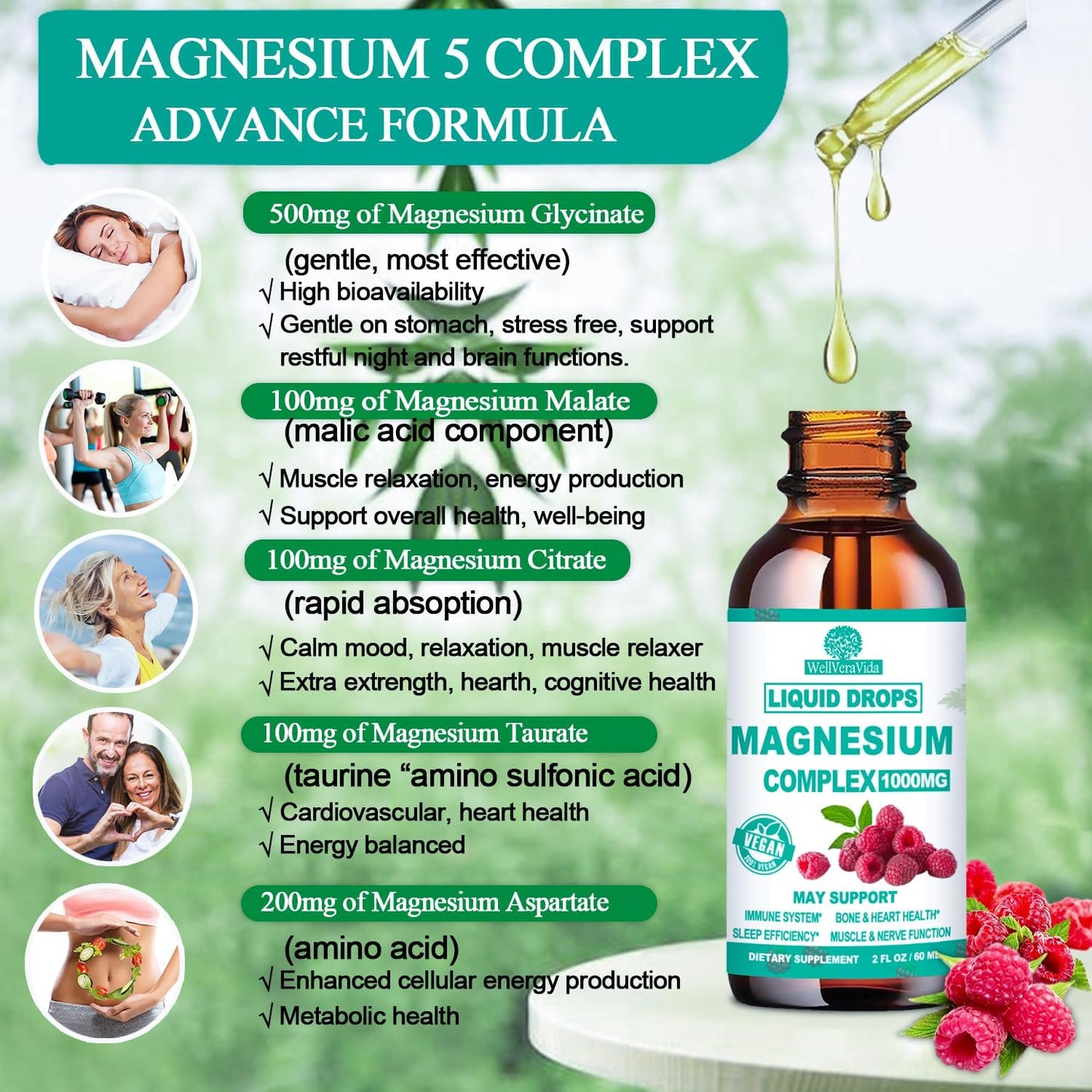 Organic Magnesium Liquid Drops, Calm Magnesium 5 Complex with Vitamin D3 K2 B6, St Johns Wort, Lemon Balm, Chelated Zinc Magnesium Glycinate 500mg Blend for Immune Heart Mood Nerve Sleep Function