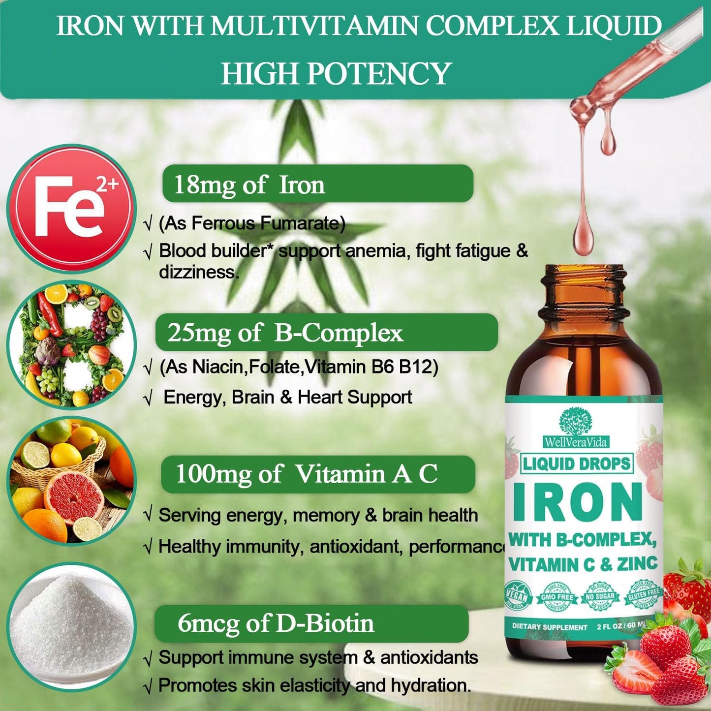 Vegan Iron Drops for Women, Men, Kids, High Potency Liquid Iron with Vitamin A C B-Complex, Chelated Iron with Multivitamin, Iron Supplement for Anemia & Fatigue, Energy, Red Blood Cell Support,