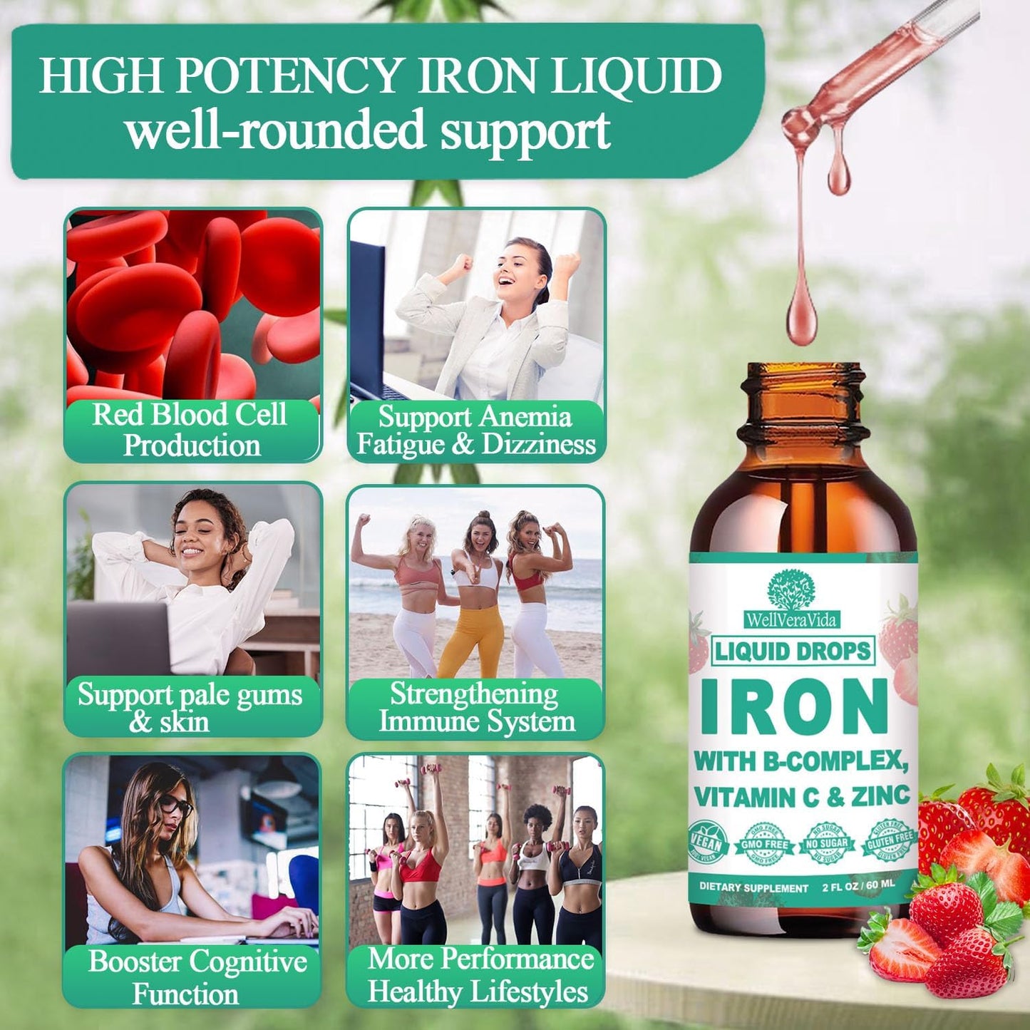 Vegan Iron Drops for Women, Men, Kids, High Potency Liquid Iron with Vitamin A C B-Complex, Chelated Iron with Multivitamin, Iron Supplement for Anemia & Fatigue, Energy, Red Blood Cell Support,
