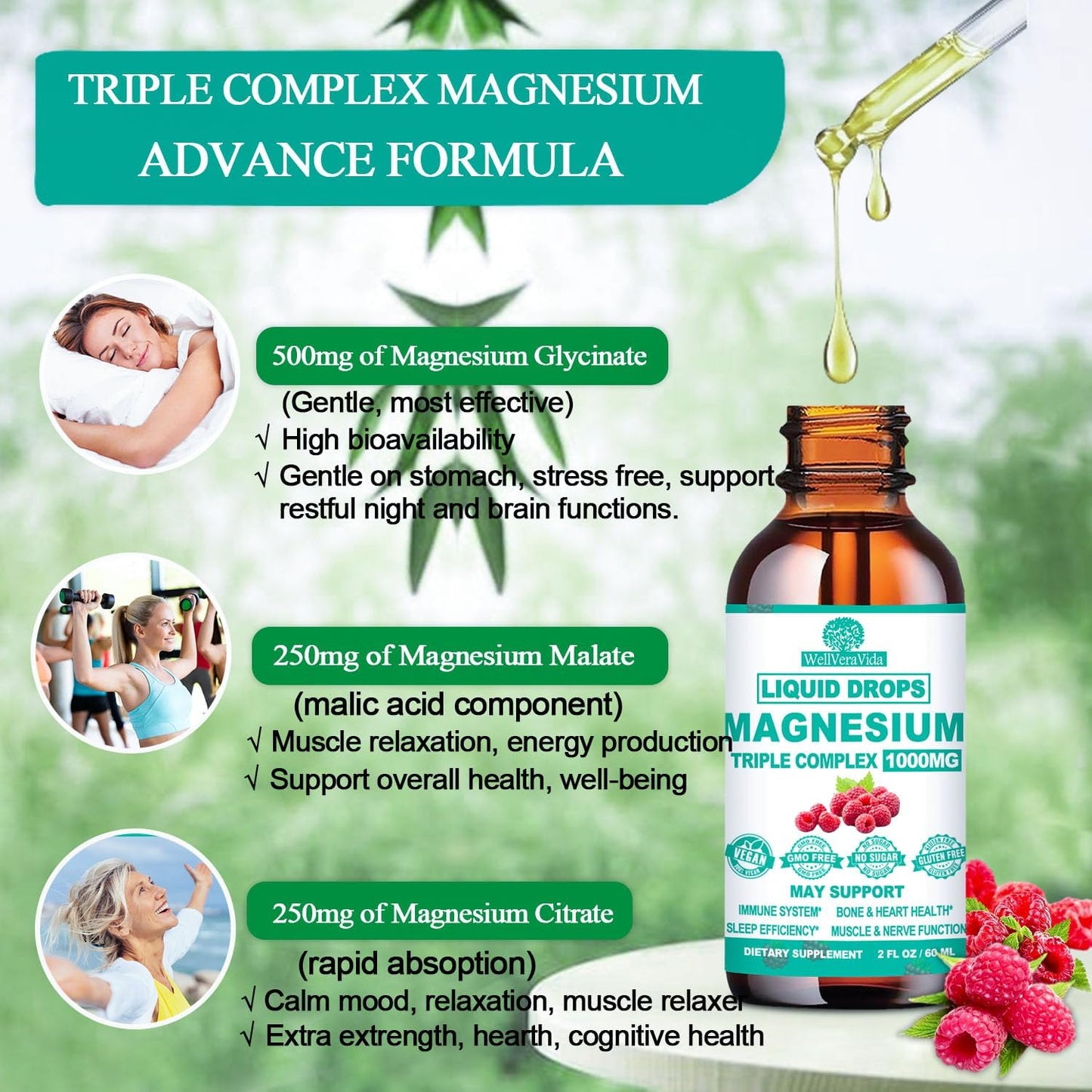 Triple Magnesium Complex Liquid Drops, Magnesium Glycinate 500mg with Vitamin D3 K2 B6 Zinc, Lemon Balm, Ashwagandha & L-Theanine, Calm Tri Magnesium for Relaxation Nerve Bowel Sleep Function