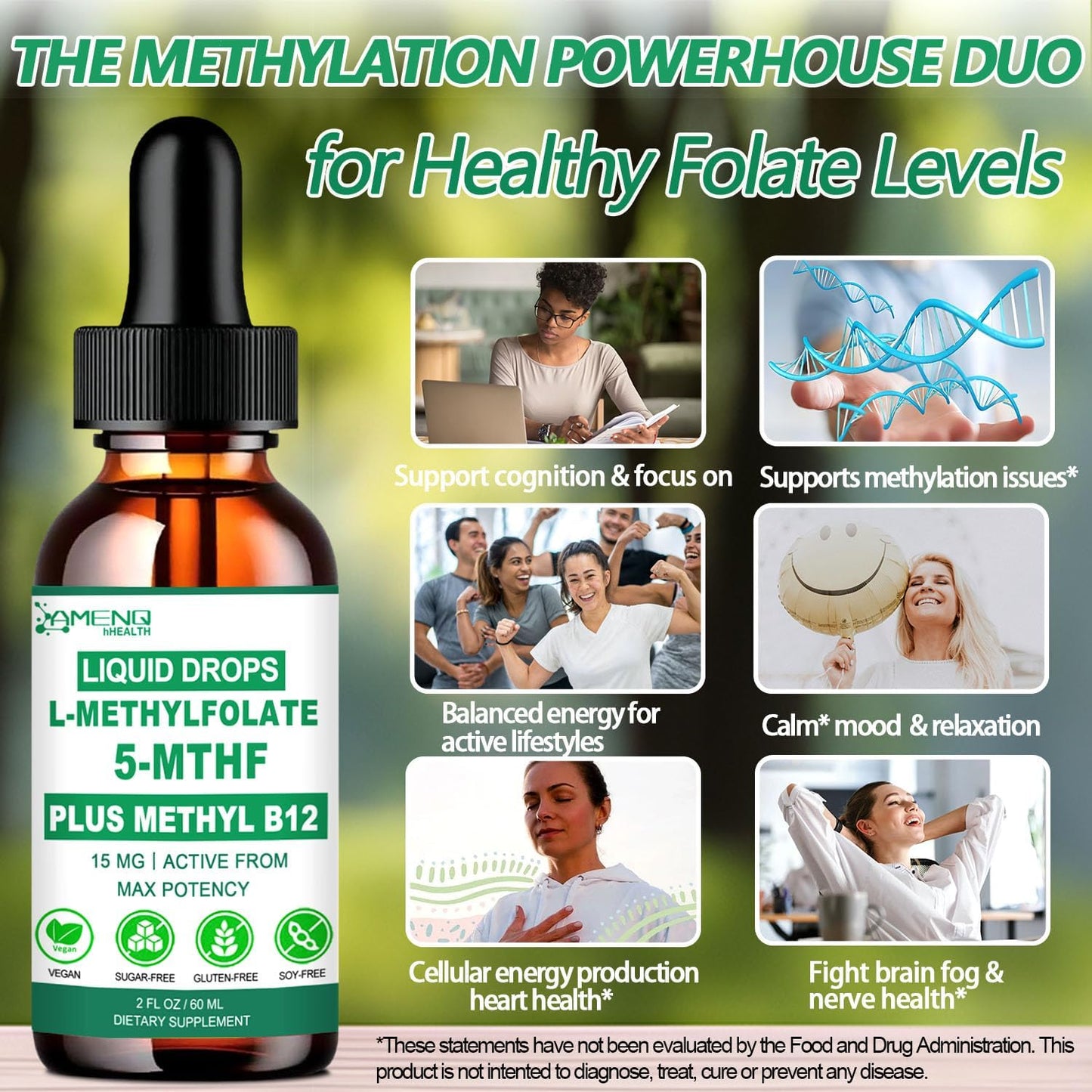 Methylfolate Supplement Liquid Drops, L Methyl Folate 15mg Plus Methyl B12, B6, B2 Multivitamin, Metabolically Active 5-MTHF Form for Mood Homocysteine Methylation Cognition Energy Nerve Health*