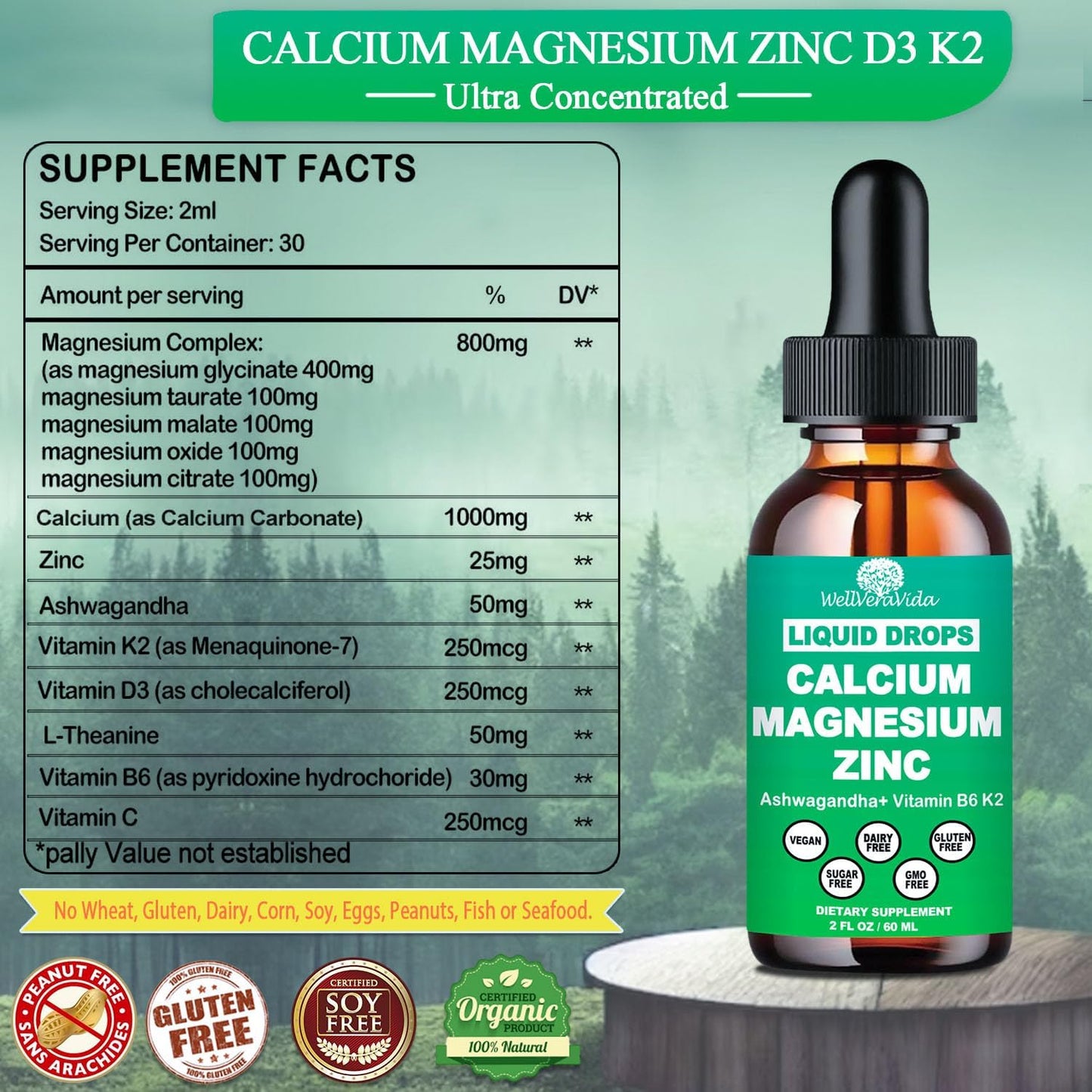 Calcium Magnesium Zinc Liquid Drops with Vitamin D3 K2, High Potency Calcium Magnesium Supplement w/Magnesium Complex, Zinc, Theanine丨Gluten Free丨 for Immune, Bone,Muscle, Mood & Sleep Support
