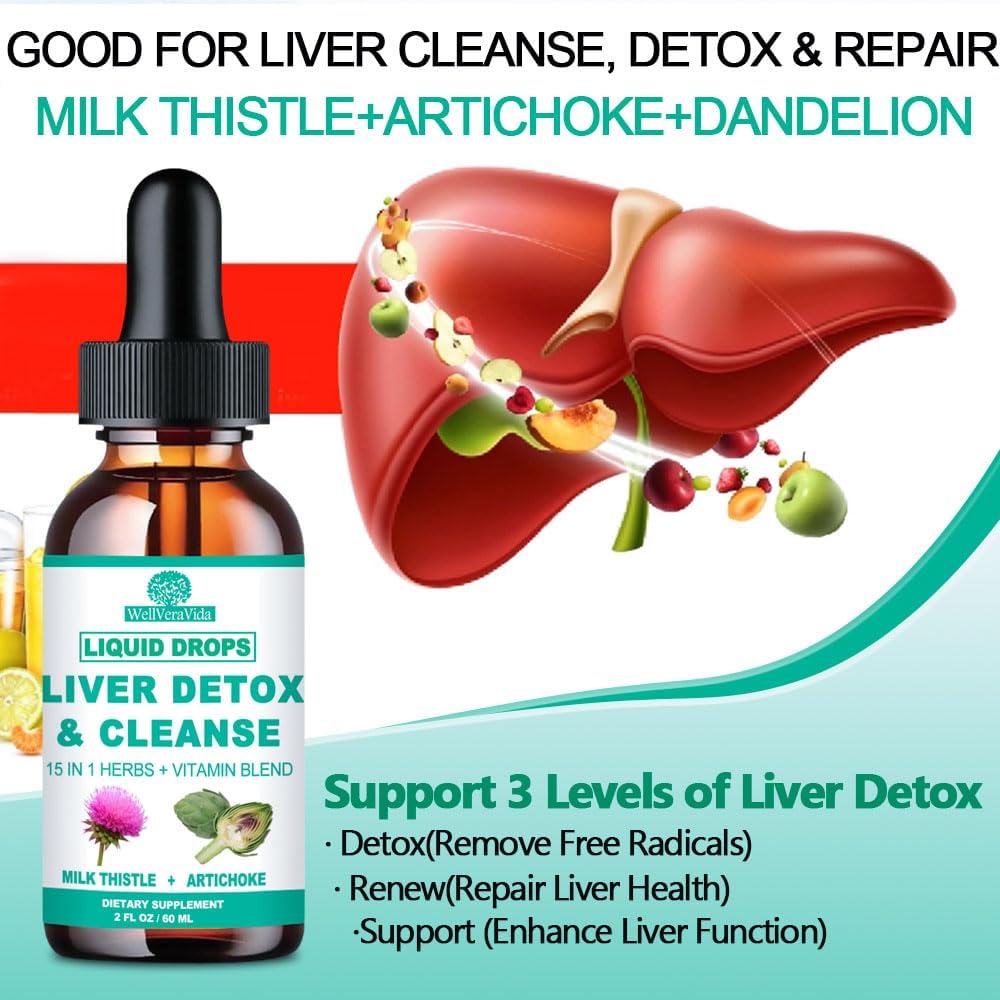 2Fl Oz Liver Cleanse Detox & Repair, Herbal Liver Support Supplement w. Milk Thistle Artichoke Dandelion Beet & NAC TUDCA for Kidney Fatty Liver Health, Liquid Drops Milk Thistle Liver Detox