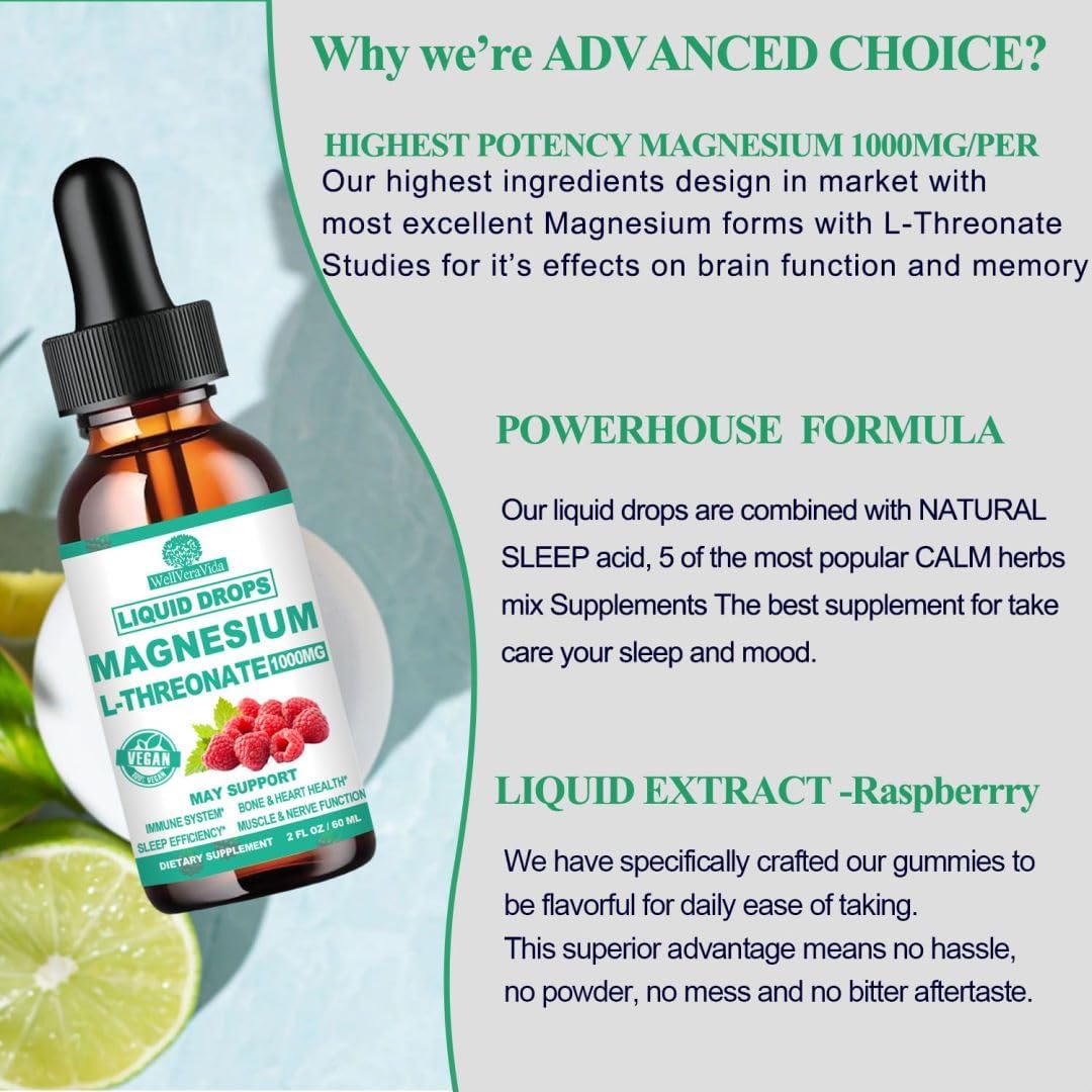 Magnesium L-Threonate Liquid, Triple Sleep Magnesium Threonate w. Apigenin, Theanine, Lemon Balm High Absorption Liquid Magnesium Threonate Supplement for Sleep Memory Calm Brain Nerve Muscle
