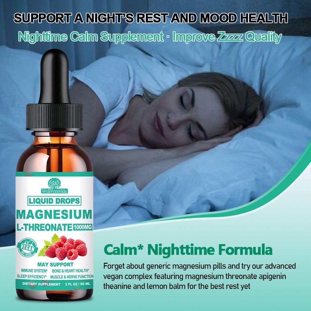 Magnesium L-Threonate Liquid, Triple Sleep Magnesium Threonate w. Apigenin, Theanine, Lemon Balm High Absorption Liquid Magnesium Threonate Supplement for Sleep Memory Calm Brain Nerve Muscle