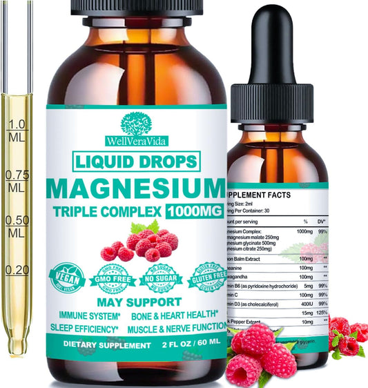 Triple Magnesium Complex Liquid Drops, Magnesium Glycinate 500mg with Vitamin D3 K2 B6 Zinc, Lemon Balm, Ashwagandha & L-Theanine, Calm Tri Magnesium for Relaxation Nerve Bowel Sleep Function