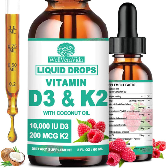 D3 K2 Vitamin 10000iu, Liquid Drop Vitamin D3 With K2 (MK-7)200mcg Coconut Oil, 6X Stronger Than D3 K2 Sofegels, Magnesium Zinc for Absorption -K2 D3 Vitamin Supplement for Joint Teeth & Bone Health