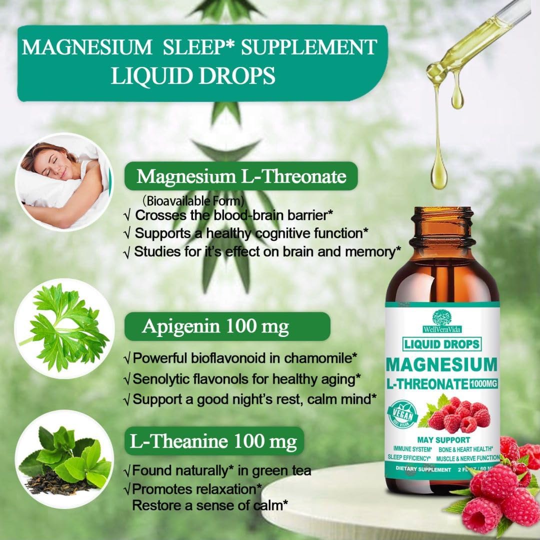Magnesium L-Threonate Liquid, Triple Sleep Magnesium Threonate w. Apigenin, Theanine, Lemon Balm High Absorption Liquid Magnesium Threonate Supplement for Sleep Memory Calm Brain Nerve Muscle