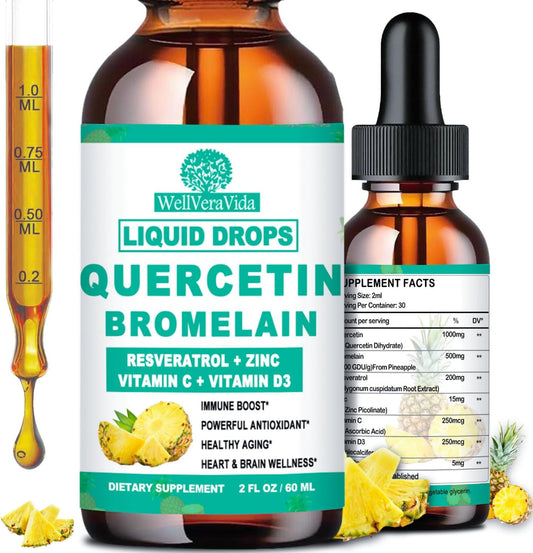 Quercetin with Bromelain Liquid Drops, 4X Stronger Than Capsules & Pills, 7-in-1 Organic Zinc Quercetin 1000mg with Bromelain 500mg Vitamin C D3 Immune Complex for Respiratory Health & Antioxidant