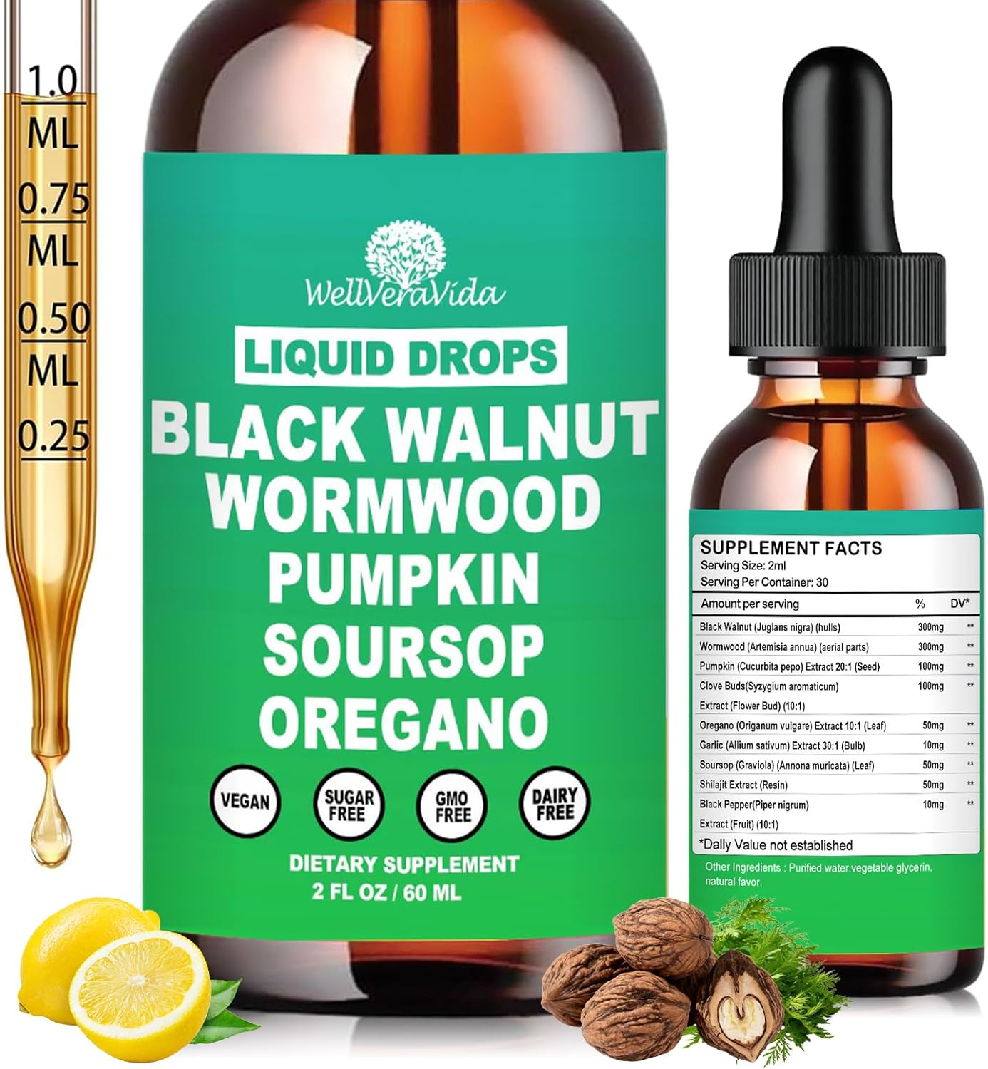 Liposomal Wormwood Black Walnut Clove Cleanse for Humans Drops, Organic 9-in-1 Herbal Extract Hull Supplement Plus Oregano, Soursop & Pumpkin Seed for Gut Detox & Digestive Health丨Vegan,30 Days Supply