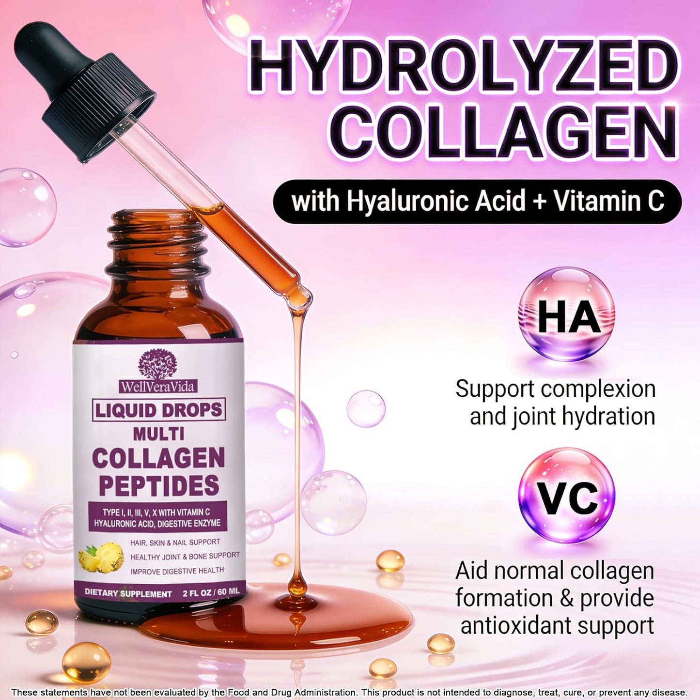 Multi Collagen Peptides Liquid Drops, 2oz – Types I, II, III, V, X, Hydrolyzed Collagen Complex for Hair, Skin, Nails, Bones & Joint Support | Collagen Supplement w. Hyaluronic Acid, Biotin, Vitamin C