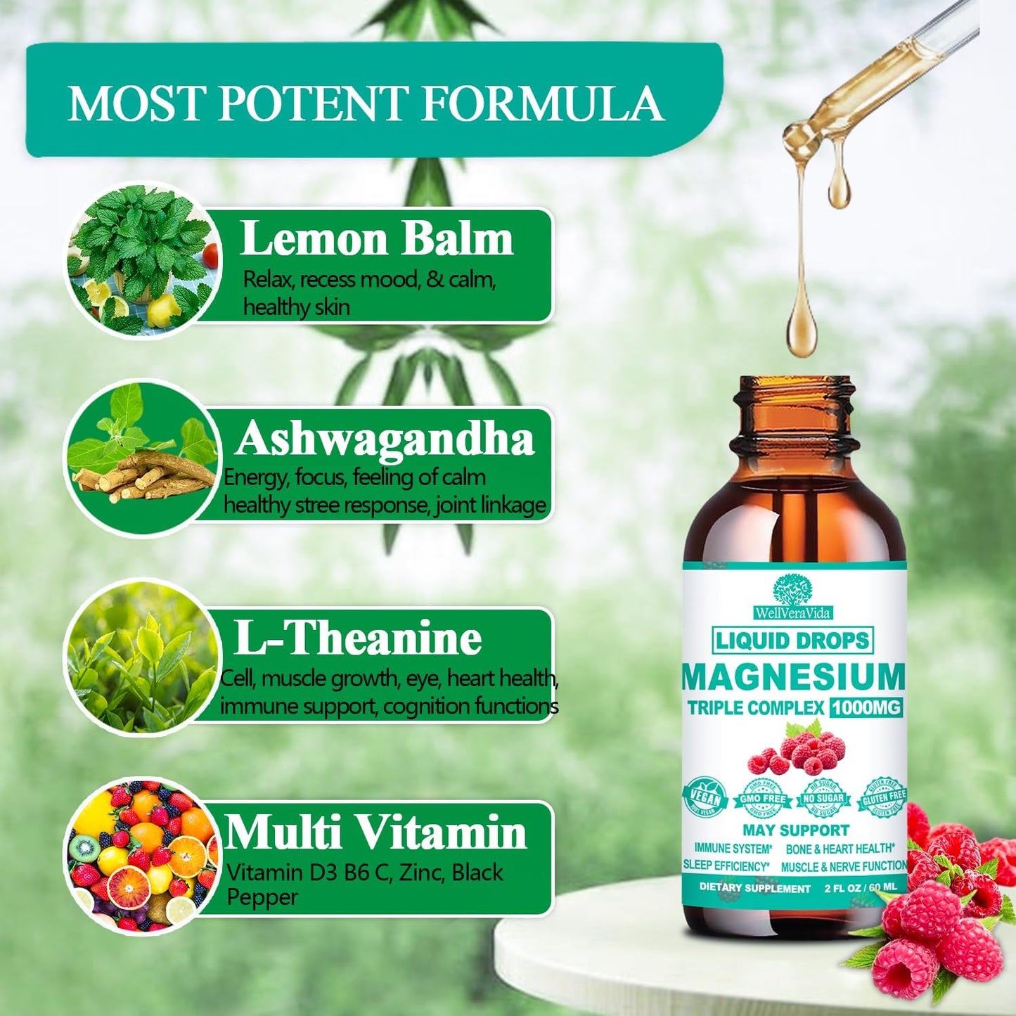 Triple Magnesium Complex Liquid Drops, Magnesium Glycinate 500mg with Vitamin D3 K2 B6 Zinc, Lemon Balm, Ashwagandha & L-Theanine, Calm Tri Magnesium for Relaxation Nerve Bowel Sleep Function