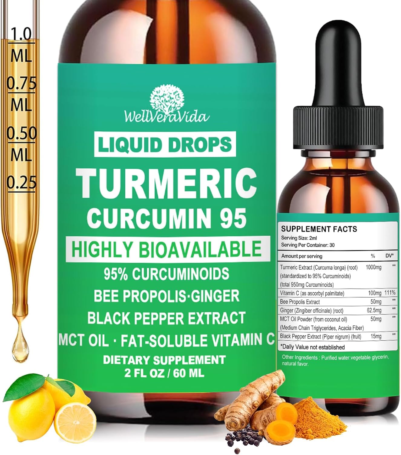 Turmeric Curcumin Supplement Drops with 95% Curcuminoids, Enhanced Absorption Liquid Turmeric Complex 1000mg w/Bee Propolis Ginger MCT Oil Vitamin C & Black Pepper for Joint & Immune Support | Non GMO