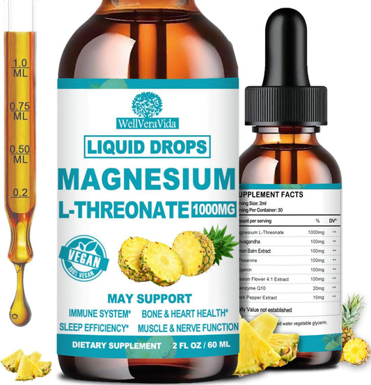 Magnesium L-Threonate Liquid, Triple Sleep Magnesium Threonate w. Apigenin, Theanine, Lemon Balm High Absorption Liquid Magnesium Threonate Supplement for Sleep Memory Calm Brain Nerve Muscle