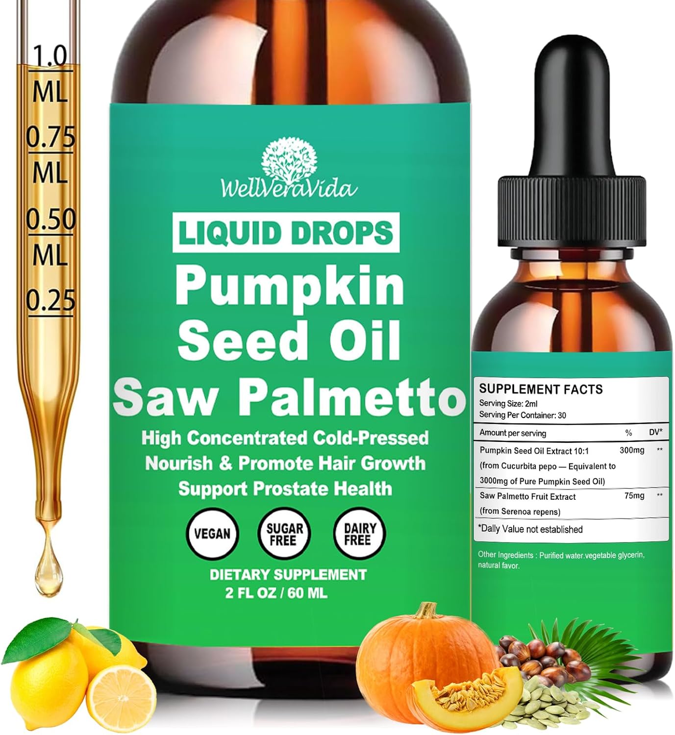 Pumpkin Seed Oil with Saw Palmetto Drops-High Concentrated Pumpkin Seeds Oil Supplement for Hair, Bladder & Prostate Health丨 Cold Pressed, High Absorption Liquid for Women & Men丨NON-GMO, Vegan, 2Fl Oz