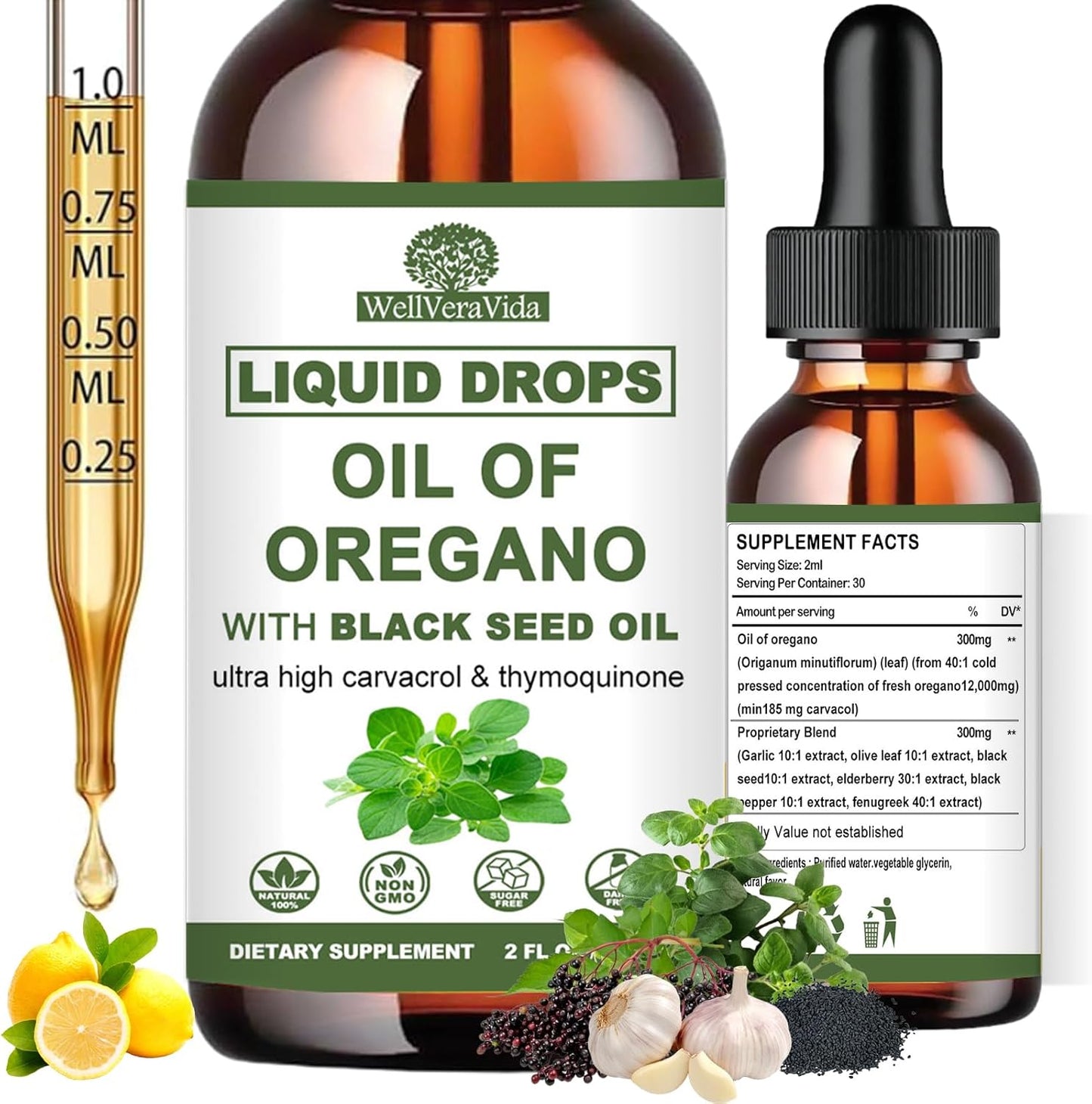 Oil of Oregano with Black Seed Oil, 7-in-1 Organic Oregano Oil Drops W/Garlic Elderberry Olive Leaf, Carvacrol & Thymol*丨Natural Herbal Supplements for Seasnoing Immune, Antioxidant Support丨Vegan