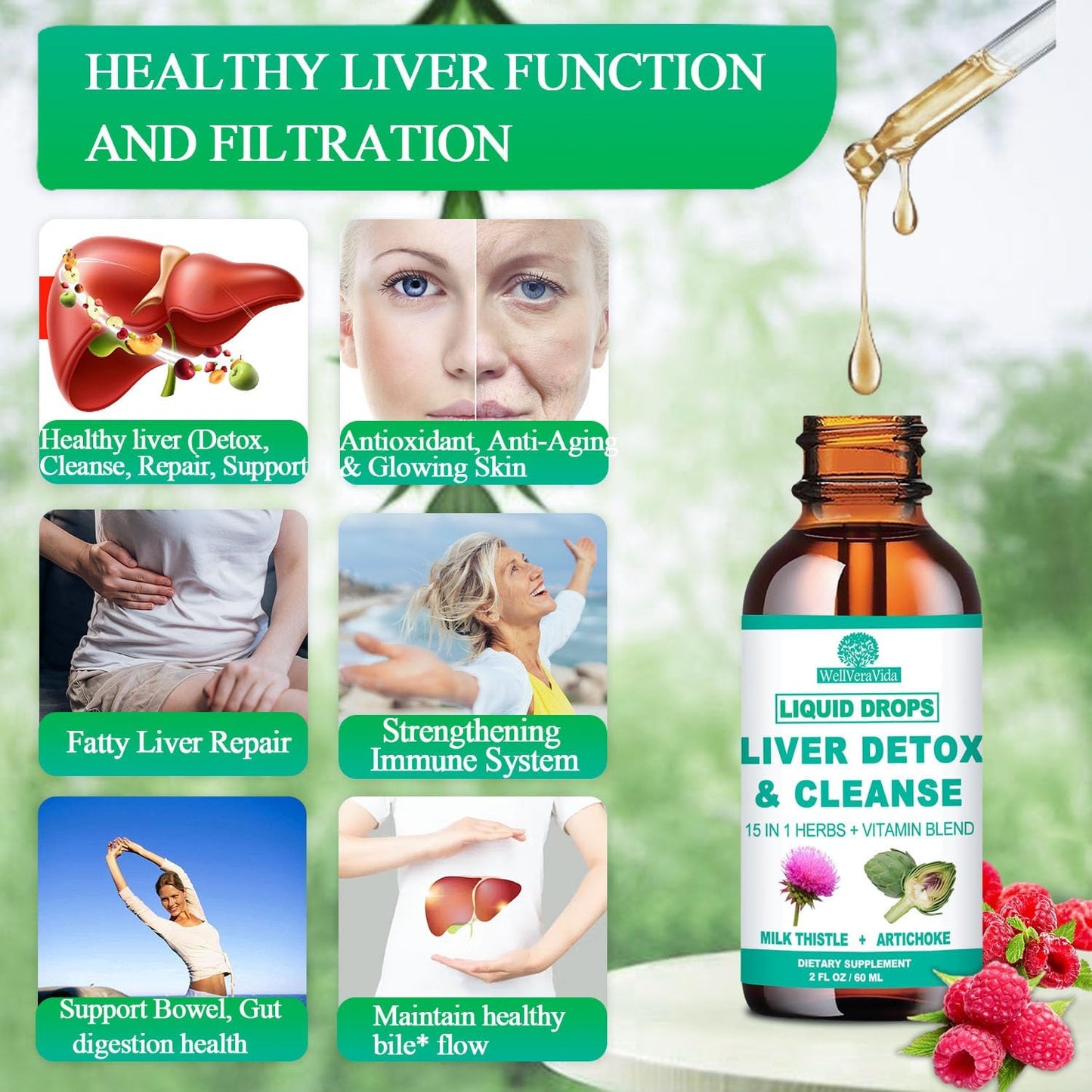 2Fl Oz Liver Cleanse Detox & Repair, Herbal Liver Support Supplement w. Milk Thistle Artichoke Dandelion Beet & NAC TUDCA for Kidney Fatty Liver Health, Liquid Drops Milk Thistle Liver Detox