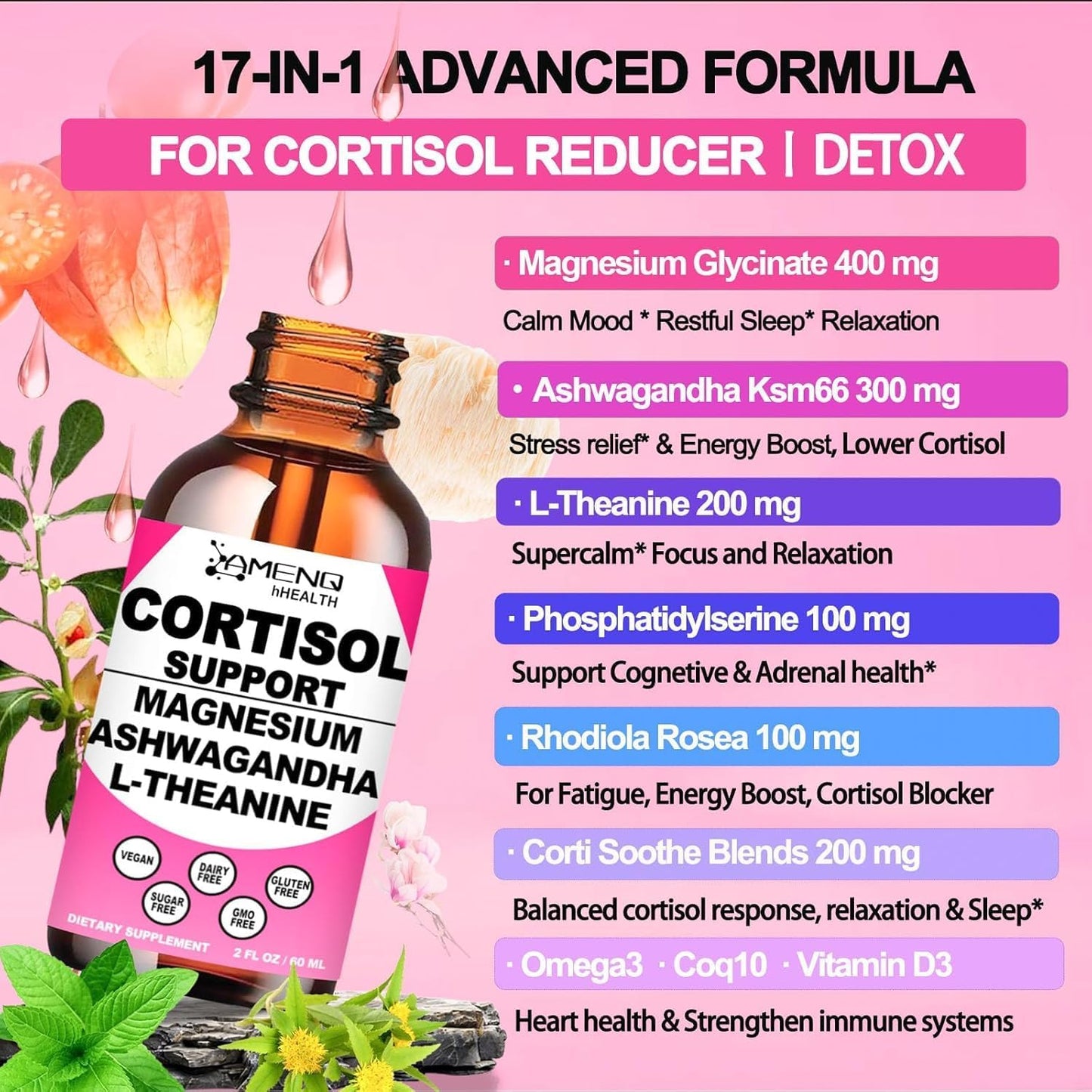 Cortisol Supplement Liquid Drops, 17-in-1 Cortisol Reducer w. Ksm-66 Ashwagandha Theanine Rhodiola Rosea Magnesium Phosphatidylserine, Hormone Balanced & Lower Cortisol for Women Calm* Relaxation