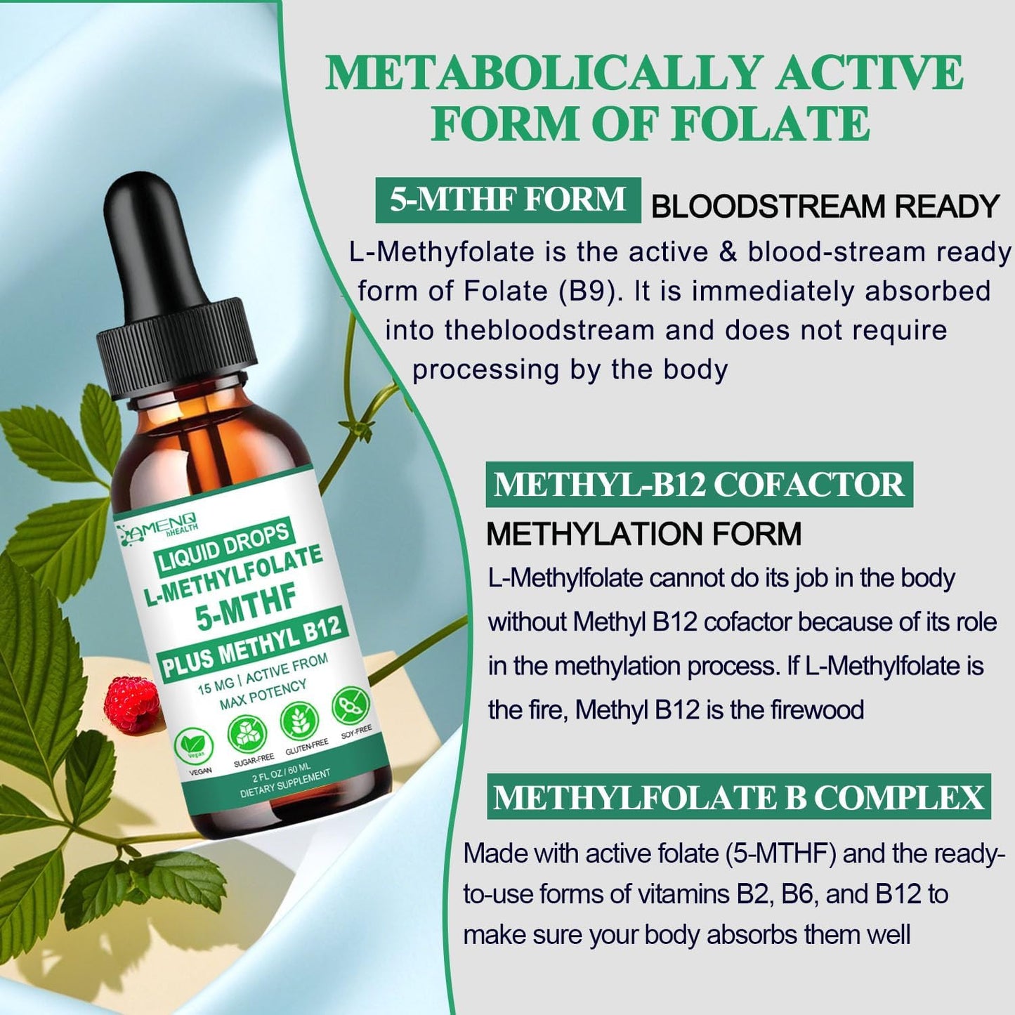Methylfolate Supplement Liquid Drops, L Methyl Folate 15mg Plus Methyl B12, B6, B2 Multivitamin, Metabolically Active 5-MTHF Form for Mood Homocysteine Methylation Cognition Energy Nerve Health*