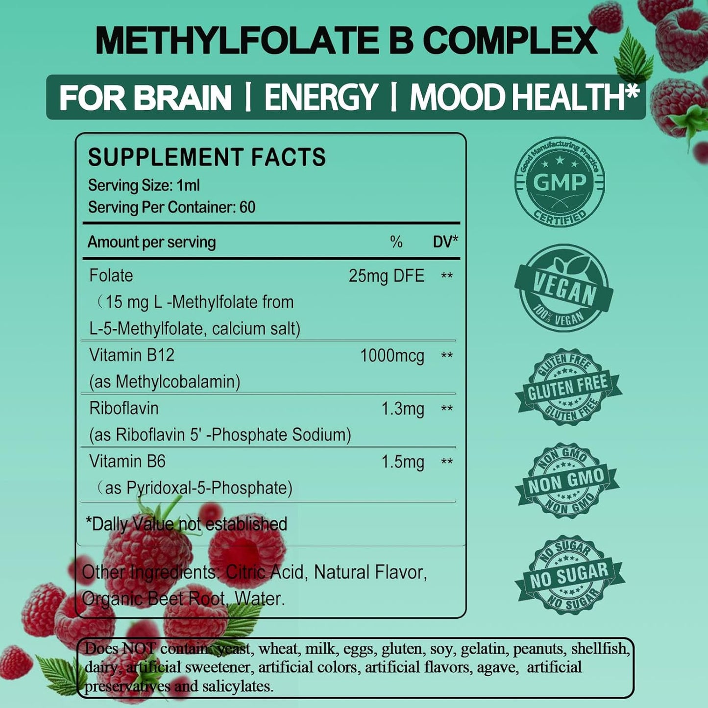 Methylfolate Supplement Liquid Drops, L Methyl Folate 15mg Plus Methyl B12, B6, B2 Multivitamin, Metabolically Active 5-MTHF Form for Mood Homocysteine Methylation Cognition Energy Nerve Health*