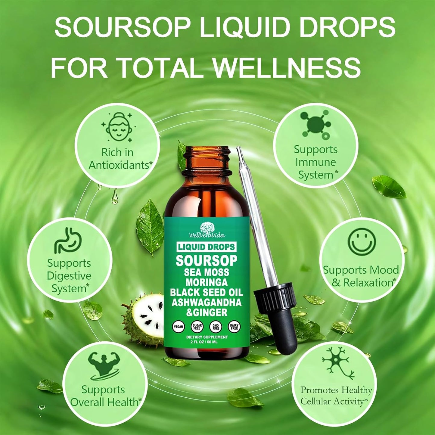 Soursop Bitters Liquid Drops- Organic Soursop Leaves Extract for Energy, Skin, Immune & Gut Health丨Natural Superfood Antioxidants Supplement w/Sea Moss, Moringa, Black Seed Oil, Ashwagandha & Ginger